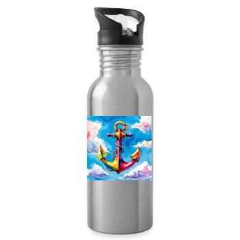 Bunt aquarellierter Anker im Himmel - Trinkflasche mit integriertem Trinkhalm - Lightsilver - Rechts