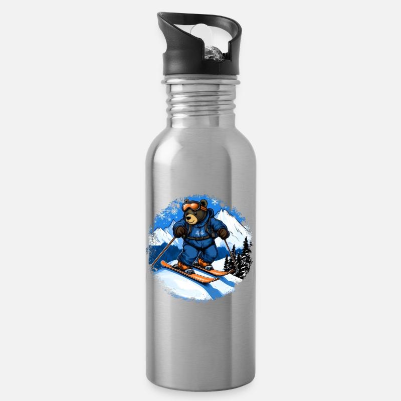 Bären Skifahrer / Ski Bär - Trinkflasche mit integriertem Trinkhalm - Lightsilver