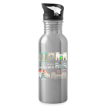 München, Handzeichnung Wahrzeichen, Bayern - Trinkflasche mit integriertem Trinkhalm - Lightsilver - Rechts