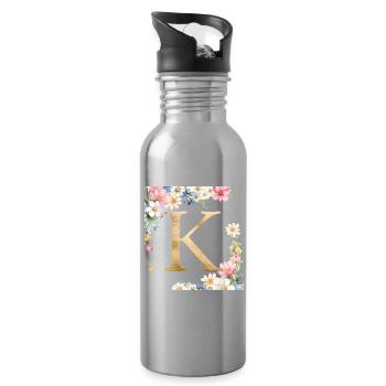 K Monogram, Floral, Personalizable - Water bottle with straw - silver - Right