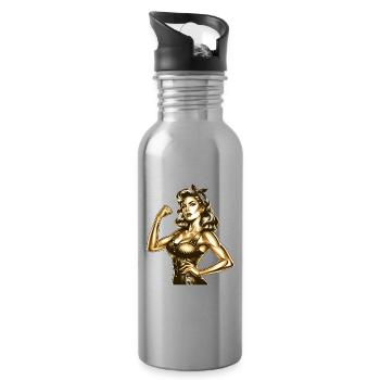 Strong Cool Woman Rockabilly Style Gold Gift - Water bottle with straw - silver - Right