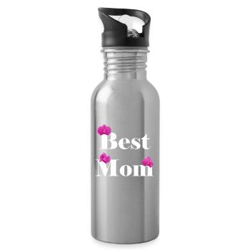 Best Mom, white with fuchsia orchids - Water bottle with straw - silver - Right