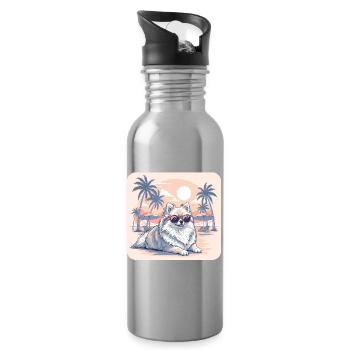 Pomeranian Dog with Glasses on Beach - Water bottle with straw - silver - Right
