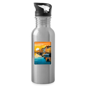 Copenhague, Danemark, Coucher de soleil, Port, Illustration - Gourde avec paille intégrée - argent clair - Droite
