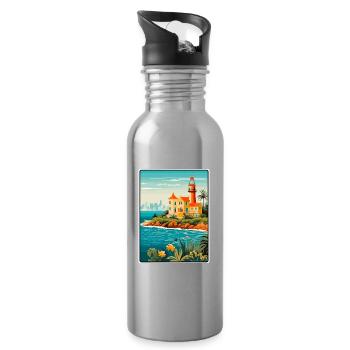 Cascais Portugal Vintage Travel Poster Cityscape - Water bottle with straw - silver - Right