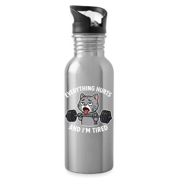 Exhausted Cat Lifting Weights Illustration - Water bottle with straw - silver - Right