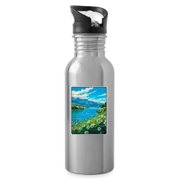 Azure Lake Vista with Wildflowers - Water bottle with straw - silver - Right