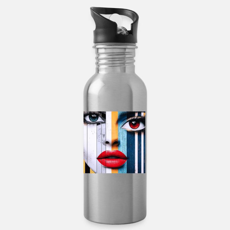 Farbenfrohes und ausdrucksstarkes Porträt - Trinkflasche mit integriertem Trinkhalm - Lightsilver