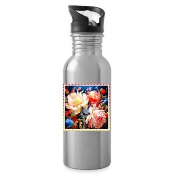 Vivid floral composition on dark background - Water bottle with straw - silver - Right
