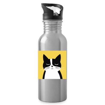 Minimalist Black and White Cat - Water bottle with straw - silver - Right