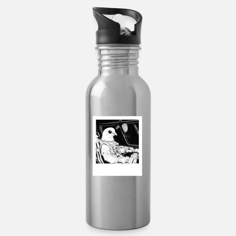 Raumtaube im Astronautenkosmos - Trinkflasche mit integriertem Trinkhalm - Lightsilver