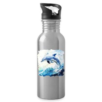 Watercolor Dolphin Leap - Water bottle with straw - silver - Right