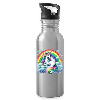 Rainbow Unicorn on Clouds - Water bottle with straw - silver - Right