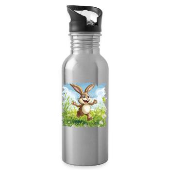 Cheerful bunny in spring meadow - Water bottle with straw - silver - Right