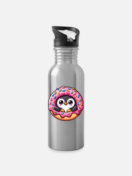 Süßer Pinguin Donut Nachtisch Skurril Lustig - Trinkflasche mit integriertem Trinkhalm - Lightsilver