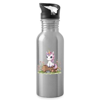 Watercolor unicorn on tree trunk with flowers - Water bottle with straw - silver - Right