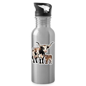 Longhorn mit Kalb – Western Style Design - Trinkflasche mit integriertem Trinkhalm - Lightsilver - Rechts