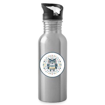 Tawny Owl Mandala Pattern - Water bottle with straw - silver - Right