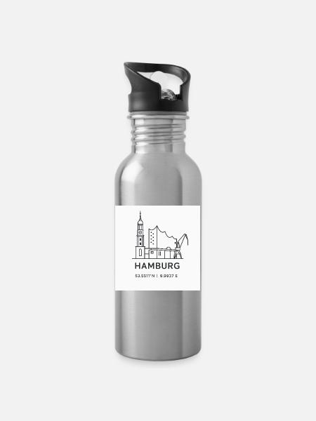 Hamburg Line Art Silhouette Landmark - Water bottle with straw - silver