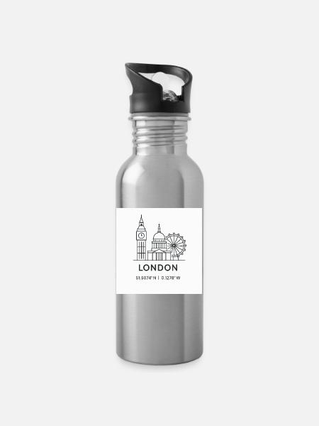 London Line Art Silhouette Landmark - Water bottle with straw - silver