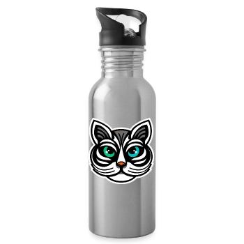 Whimsical Odd-Eyed Cat Cartoon Design - Water bottle with straw - silver - Right