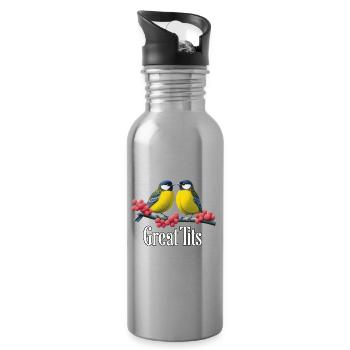 Great Tits Duo on Red Berries - Water bottle with straw - silver - Right