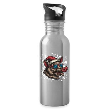 Pig Christmas Funny Wild Boar - Water bottle with straw - silver - Right