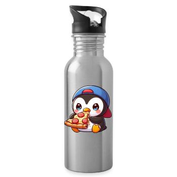 Cute Penguin Cartoon Pizza Italian Food - Water bottle with straw - silver - Right