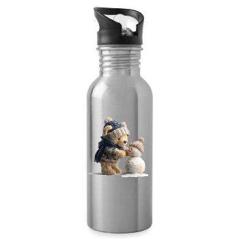 Teddy bear with hat and scarf builds snowman - Water bottle with straw - silver - Right
