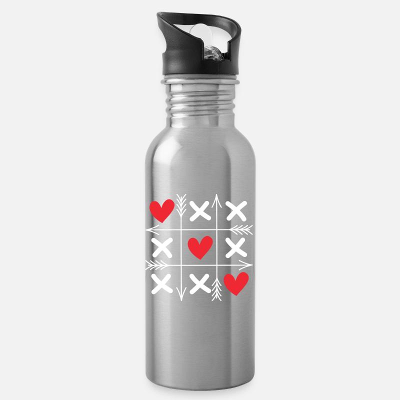 Tic Tac Toe Hearts Cute Matching Couples Valentine - Water bottle with straw - silver