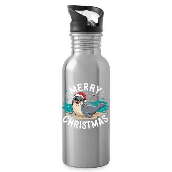 Merry Christmas Cute Christmas Seal - Water bottle with straw - silver - Right
