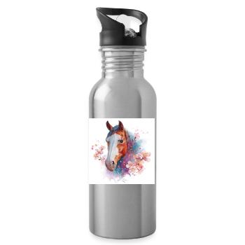 Watercolor Horse with Cherry Blossoms - Water bottle with straw - silver - Right