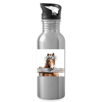 Blütengekrontes Pferd - Trinkflasche mit integriertem Trinkhalm - Lightsilver - Rechts