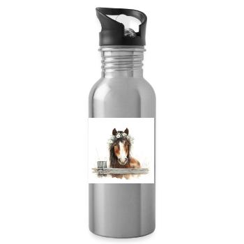 Watercolor Horse with Floral Crown - Water bottle with straw - silver - Right