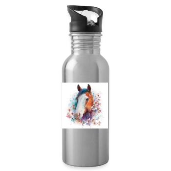 Watercolor Horse Bloom Portrait - Water bottle with straw - silver - Right