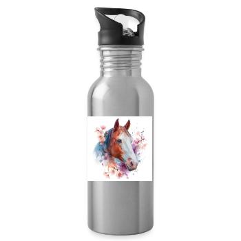 Floral Watercolor Horse - Water bottle with straw - silver - Right
