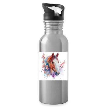 Aquarell Pferd und Blüten - Trinkflasche mit integriertem Trinkhalm - Lightsilver - Rechts