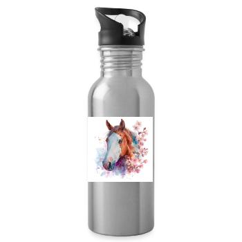 Watercolor Horse and Cherry Blossoms - Water bottle with straw - silver - Right