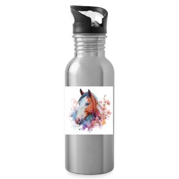 Watercolor Horse Bloom Portrait - Water bottle with straw - silver - Right