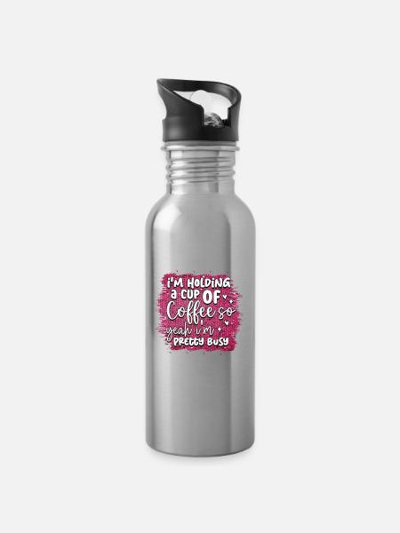 Kaffee & Aktivitäten: Niedliches Kaffeeschild - Trinkflasche mit integriertem Trinkhalm - Lightsilver
