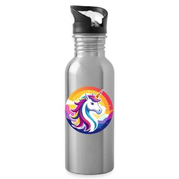Rainbow Unicorn Colorful Unicorn Head Motif - Water bottle with straw - silver - Right