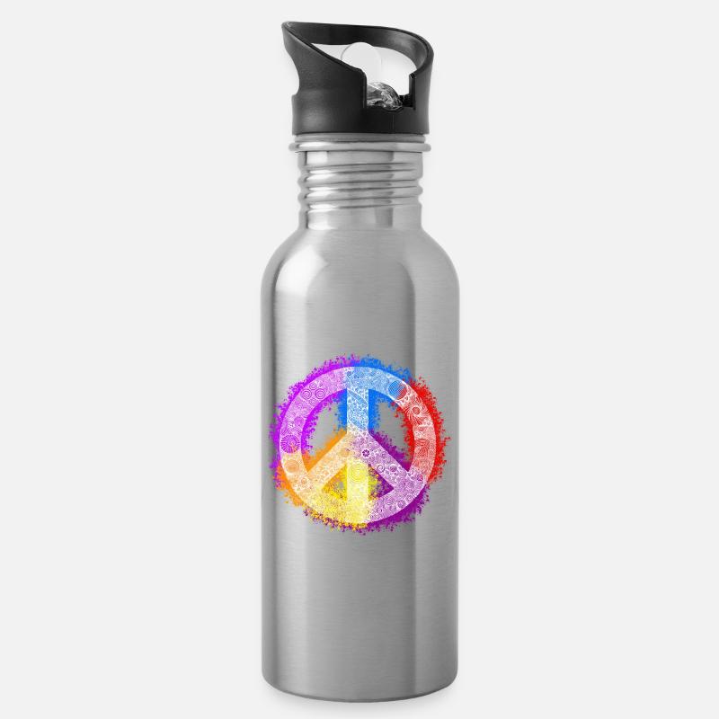 Zentangle-Peacezeichen - Trinkflasche mit integriertem Trinkhalm - Lightsilver