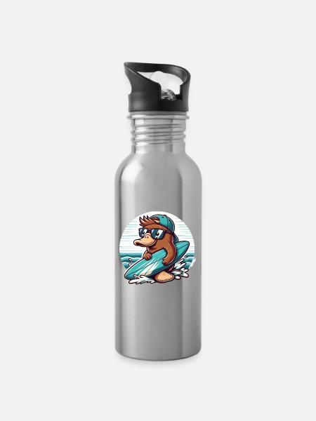 Surfender Biber mit Sonnenbrille - Trinkflasche mit integriertem Trinkhalm - Lightsilver