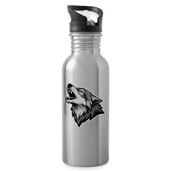 Gray Wolf Howling Wild Moon Wolf Logo - Water bottle with straw - silver - Right