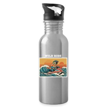 Retro Jet Ski Parrot "Wild Ride" - Water bottle with straw - silver - Right