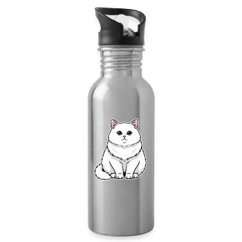 White Cat Fluffy Blue Eyes Majestic Portrait - Water bottle with straw - silver - Right