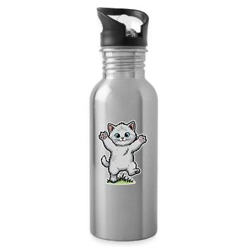 Gray Kitten Happy Paws in the Air Fun Portrait - Water bottle with straw - silver - Right