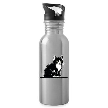Tuxedo Cat Black and White Portrait Elegant Seated - Water bottle with straw - silver - Right