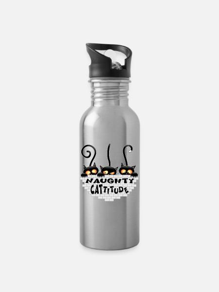 "Naughty Cattitude" Funny three Cute Black Cats  - Water bottle with straw - silver