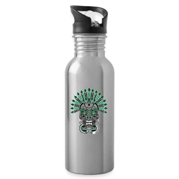Mayan Inca Mask Emerald White Totem Green - Water bottle with straw - silver - Right